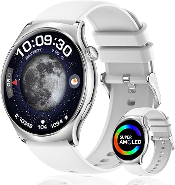 Smart Watch for Women Men, 1.43" HD AMOLED Fitness Tracker Smartwatch Compatible Android iPhone Phones with Bluetooth Call/Heart Rate Sleep Monitor/120+ Sports Modes/IP68 Waterproof, White