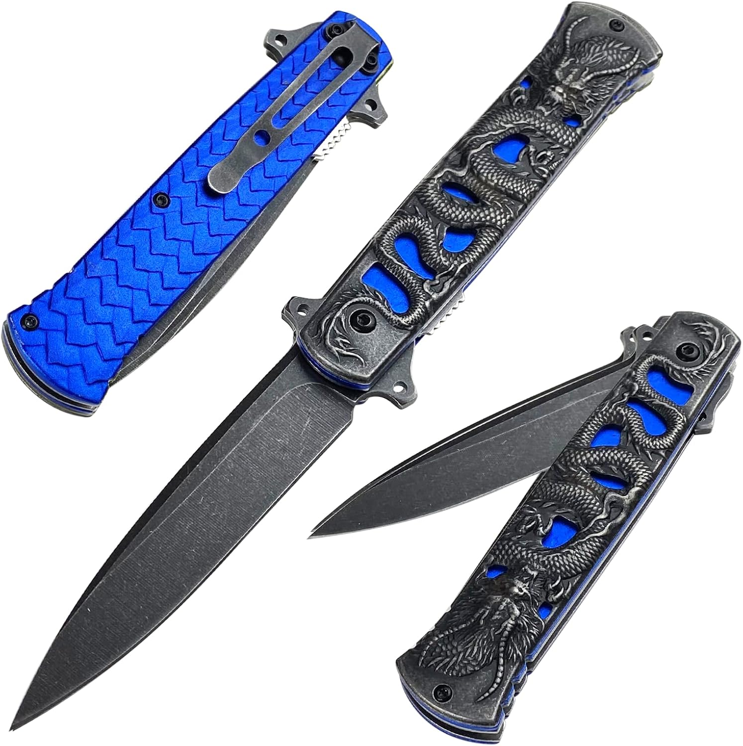 Pocket Knife With Clip, All Metal Dragon Folding Knife with Liner Lock, Tactical EDC Knives for Outdoor Camping, Hunting, Hiking, Gifts for Men, Father, Husband (Blue)