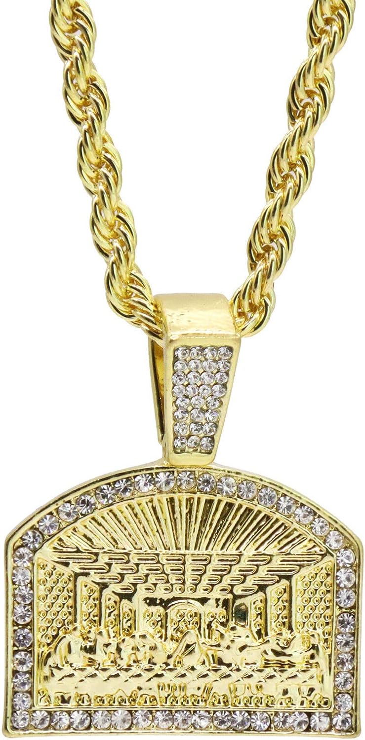 14K Gold Silver Plated Iced Simulated Diamond Religious JESUS LAST SUPPER Pendant & 4mm 24" Rope Chain Hip Hop Style Fashion 2 Necklace Gift Set