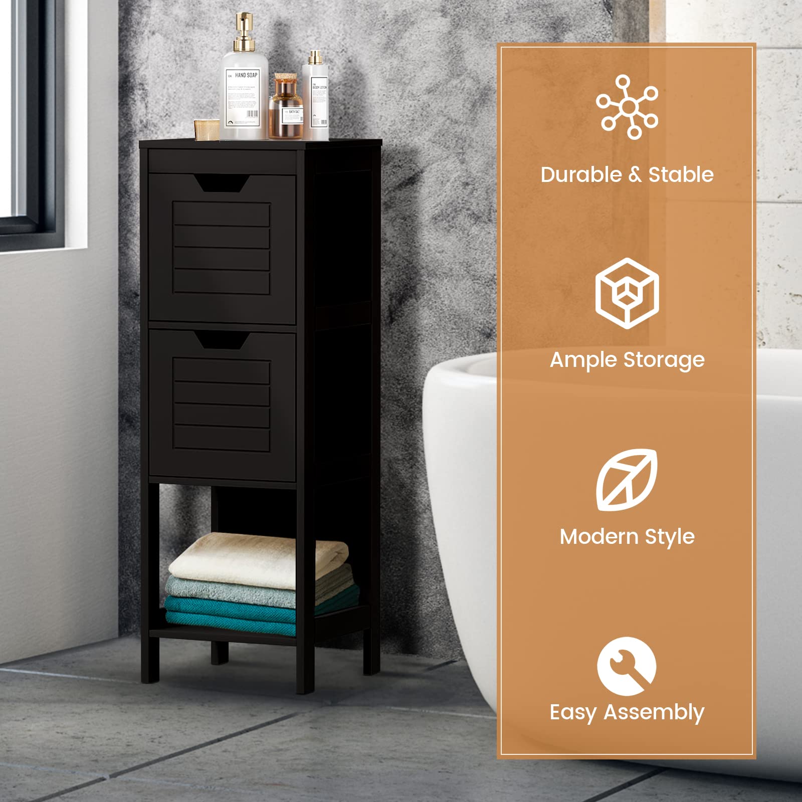 GIANTEX Badezimmerschrank, Schmaler Badeschrank mit 2 Schubladen, 30 x 30 x 89 cm, freistehender Schrank für Badezimmer & Wohnzimmer, Badkommode Aufbewahrungsschrank (Schwarz)