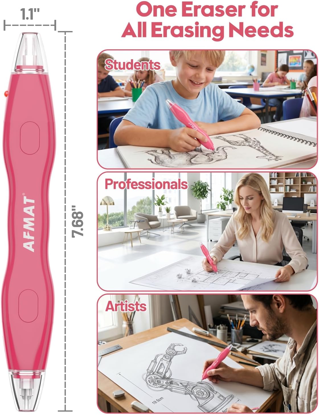 AFMAT Electric Eraser with 140 Eraser Refills, Rechargeable Pencil Erasers for Artists, Electric Erasers for Drafting, Drawing, Painting, Sketching, Architectural Plans, Detailer Tool EE25(Red)