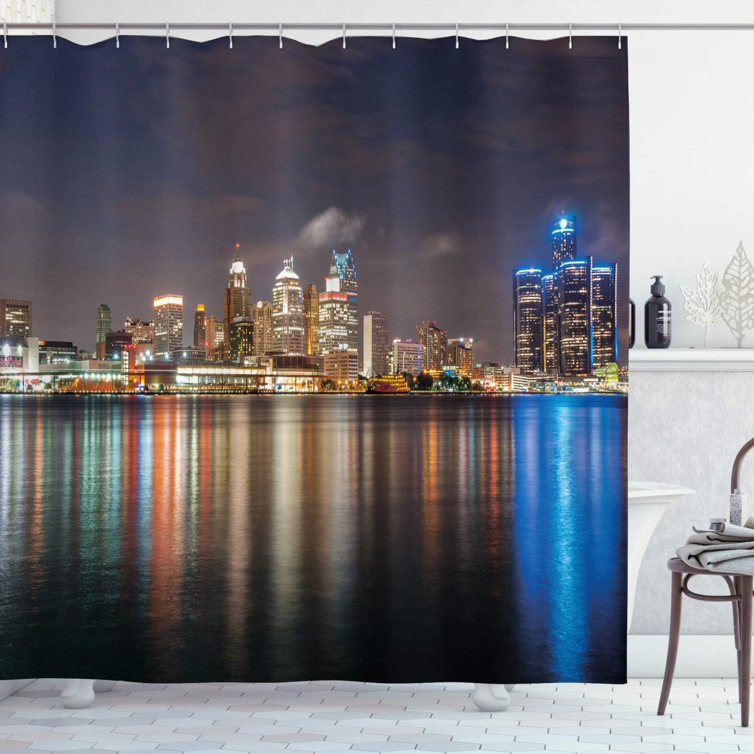 Ambesonne Detroit Shower Curtain, Modern Metropolis Cityscape at Night Time River Colorful Reflection USA, Cloth Fabric Bathroom Decor Set with Hooks, 69" W x 75" L, Multicolor