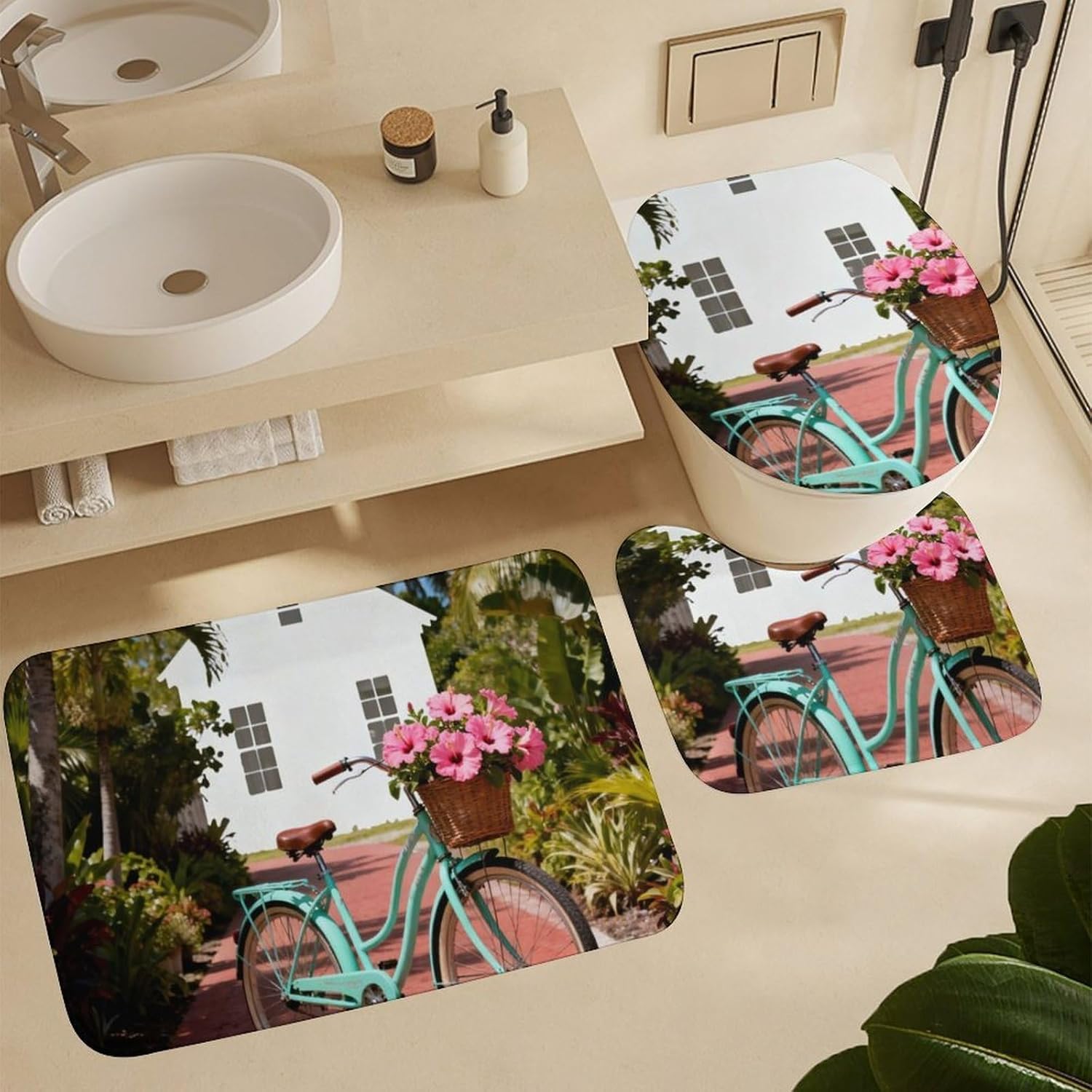 4 Piece Bathroom Rug Set with Shower Curtain, Non-Slip Bath Mat Toilet Cover Set, Bike Bathroom Rug Sets