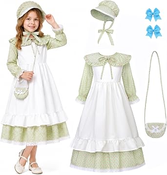 ReliBeauty Pioneer Girl Costume with Accessories Prairie Dress Girls Green