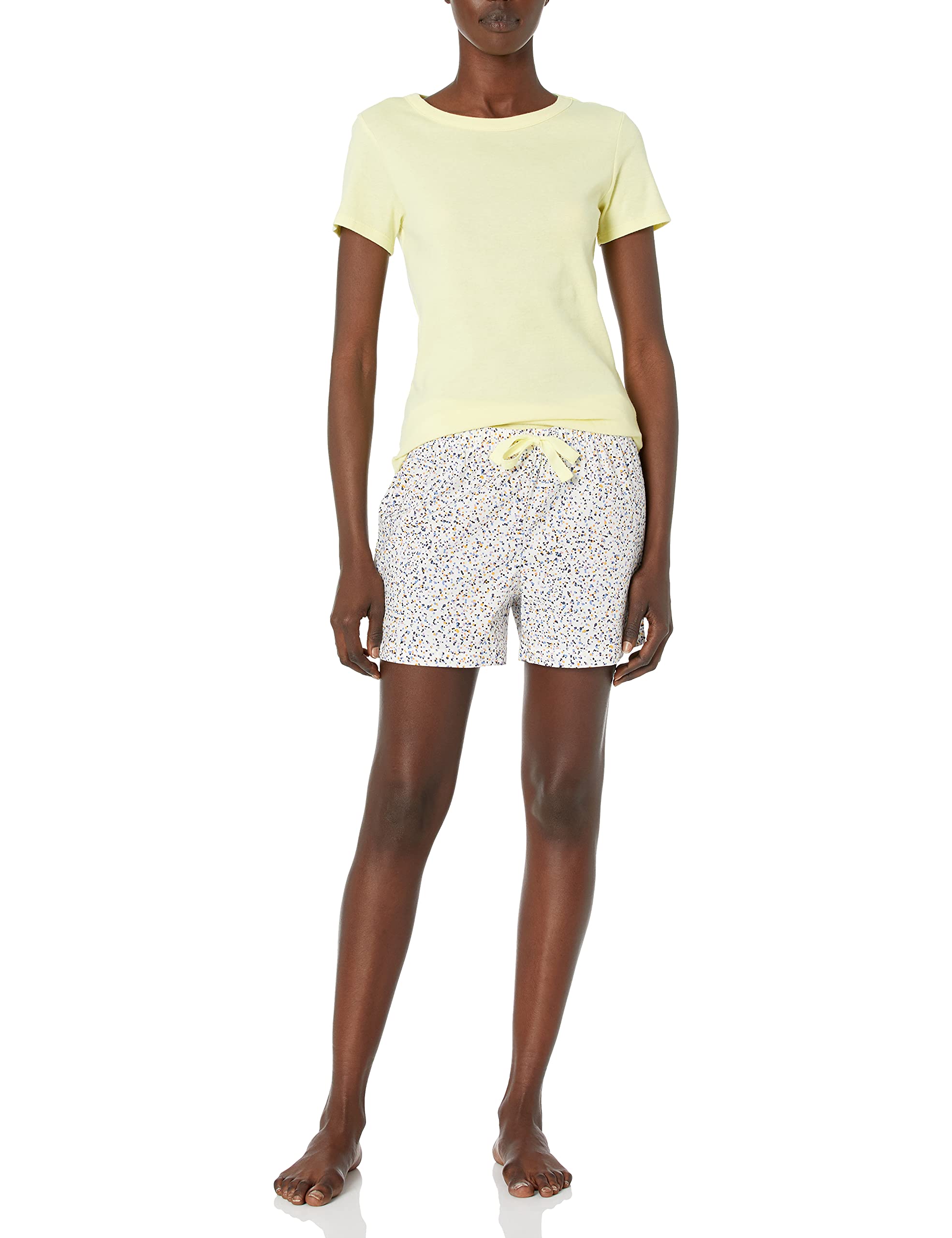 Amazon Essentials Women's Poplin Short and Sleep Tee Pajama Set, Yellow Confetti Print, Small
