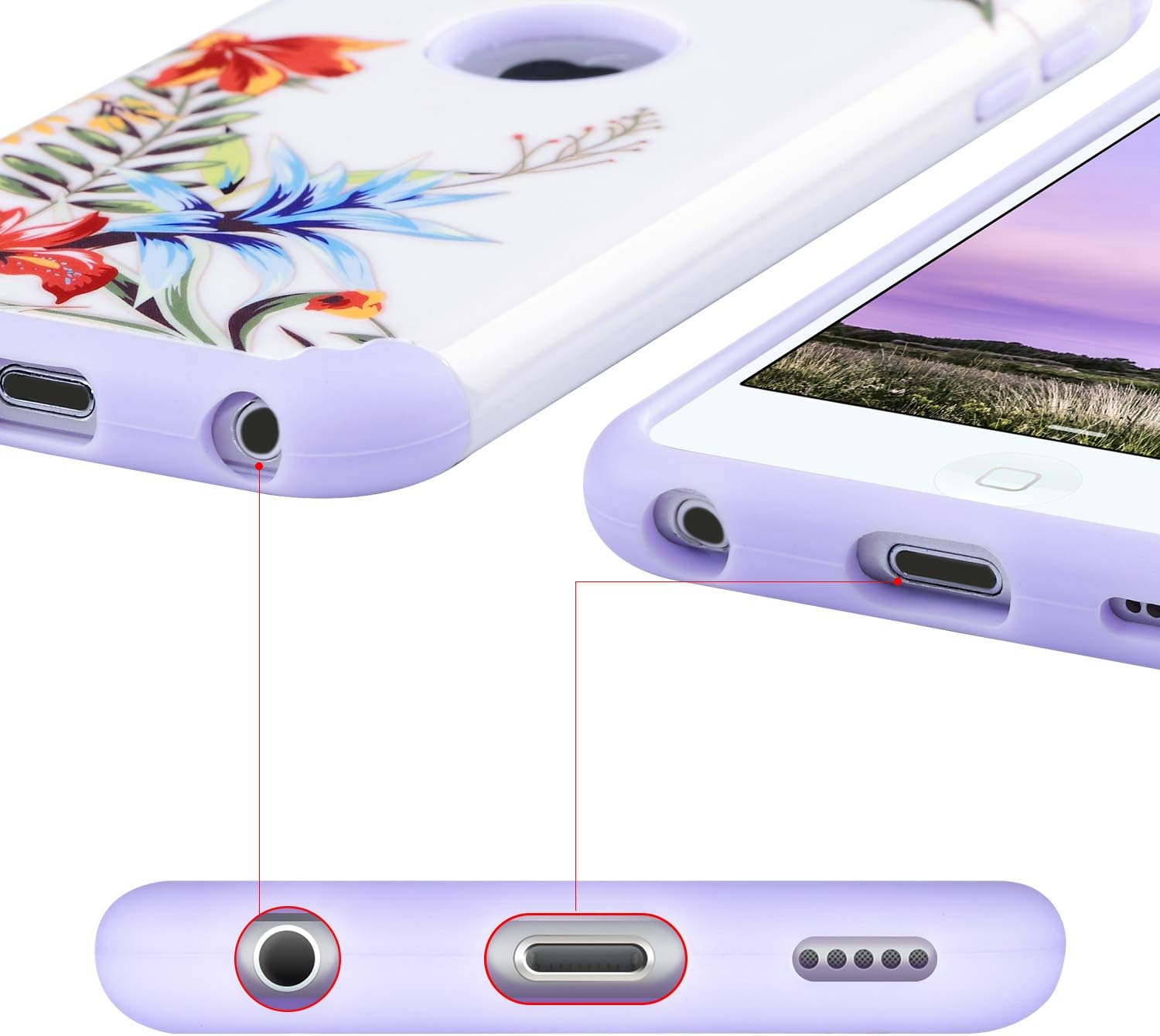ULAK iPod Touch 7 Case, iPod Touch 6 Case, Slim Fit Protective Hybrid Dual Layer Soft Silicone and Hard Back Cover for Apple iPod Touch 5 5th/6th/7th Gen (2019 Released), Purple+Tropical Flower