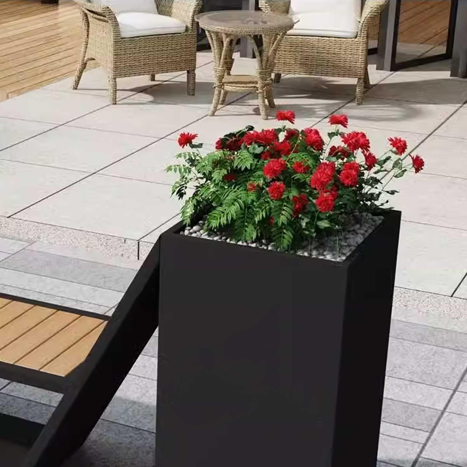 Banco de jardín de metal de hierro con maceta, asiento de parque al aire libre, negro, 180 x 30 x 80 cm, ideal para zonas de descanso comerciales y patios