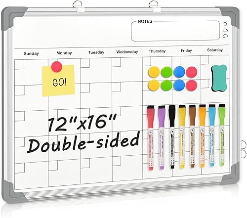 AMUSIGHT Calendario de pizarra blanca de borrado en seco para pared, 16 x 12 pulgadas, pequeña pizarra magnética de borrado en seco para colgar de