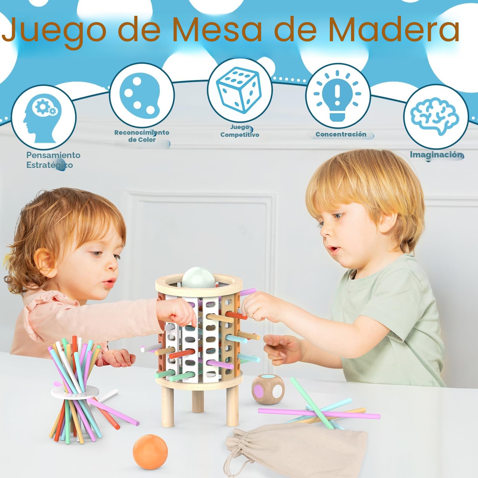 Montessori Juguetes con 28 Palitos de Coloridos Juegos de Mesa Niños Niñas 3 4 5 6 7 8 9 10 11 12 Años Regalo, Juego Educativo Familiar para Cognición y Habilidades Motoras Finas Torre de Madera