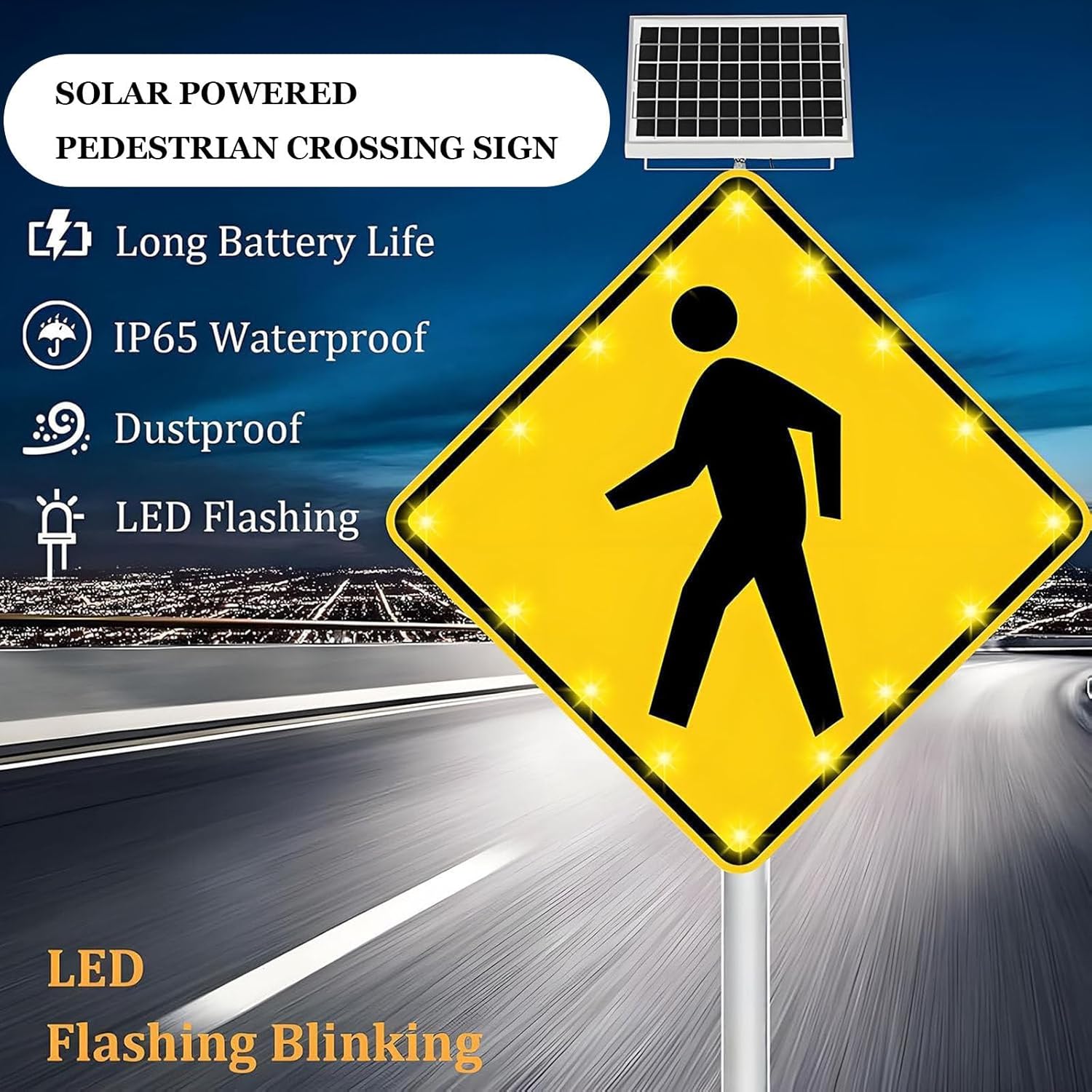 30" Solar-Powered Flashing Pedestrian Crossing Sign, Blinking Road Traffic Sign, Durable Aluminum Rust-Proof Frame, Enhanced Visibility for Safe Crosswalks