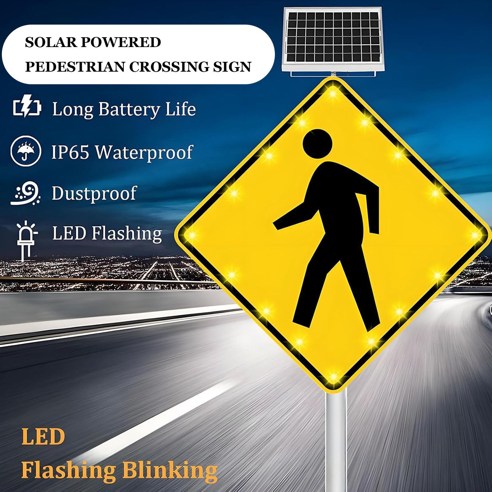 Señal LED solar intermitente para cruce de peatones, señal de advertencia de tráfico vial de aluminio, reflectante de grado de ingeniero, IP65 impermeable, LED de alto brillo para seguridad vial