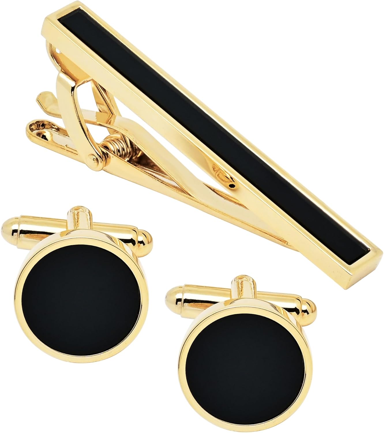 Black Agate Round Men Cufflinks and Tie Clip Set Silver / 14K Gold Plated Tie Pin Cufflinks for Men Jewelry Wedding Party Business Birthday Anniversary Dress