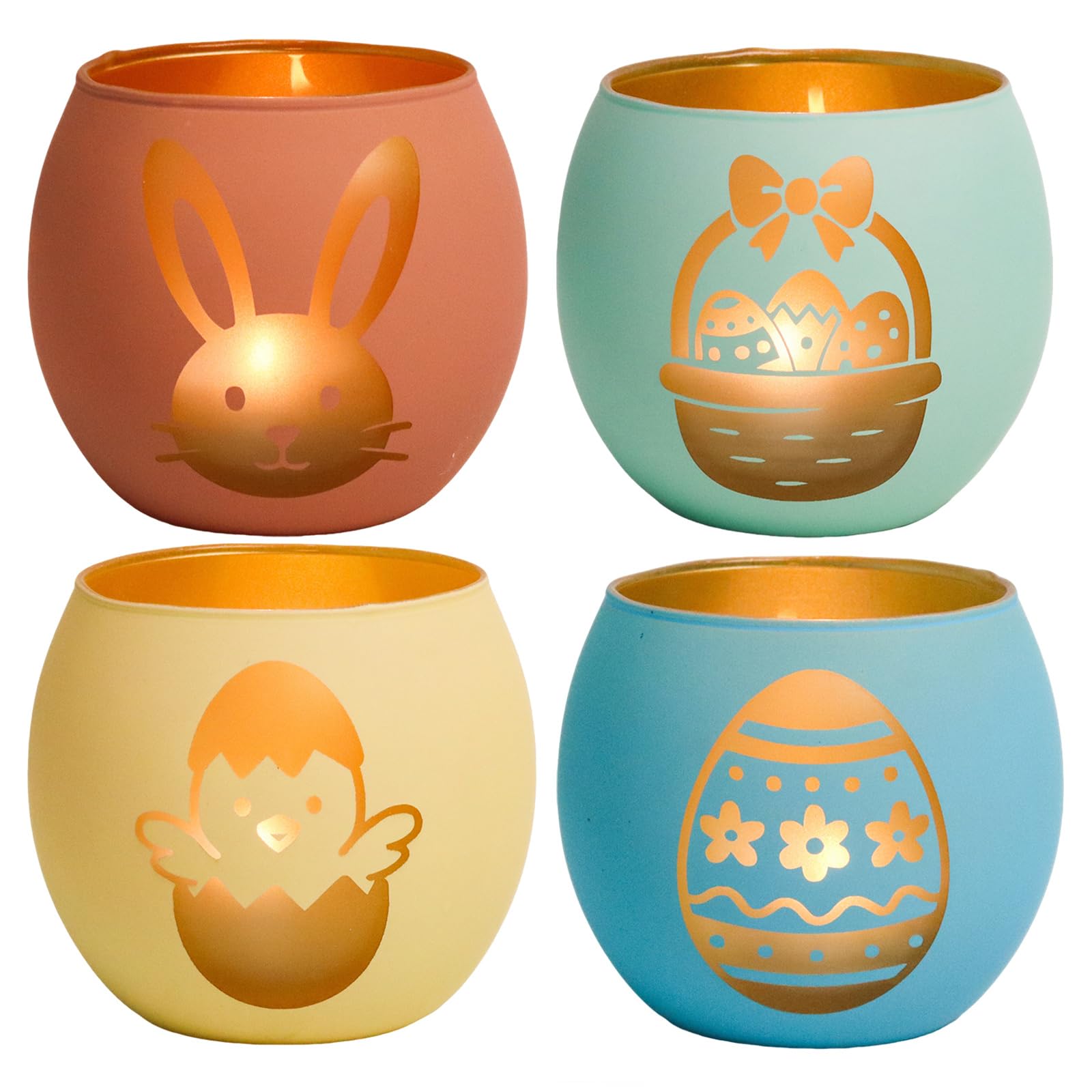 Oster Deko Teelichthalter 4er Set, Matte Teelichtgläser in Pastell-Farben mit Goldenen Osterhasen & Küken Motiven, Kerzengläser für Osterfrühstück Tischdeko, Kerzenhalter Glas Frühlingsdeko & Geschenk