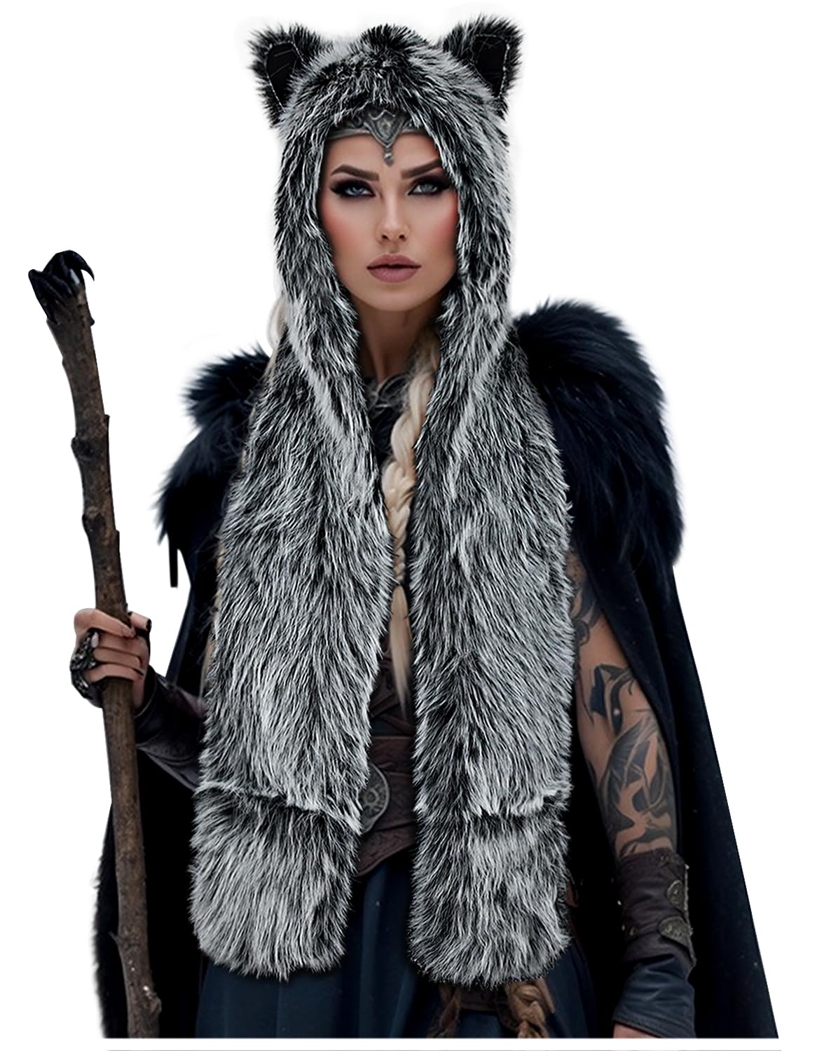 L'VOWViking Faux Fur Wolf Hood Scarf Furry Animal Hat with Ears Paws Werewolf Accessories Costume for Women Men