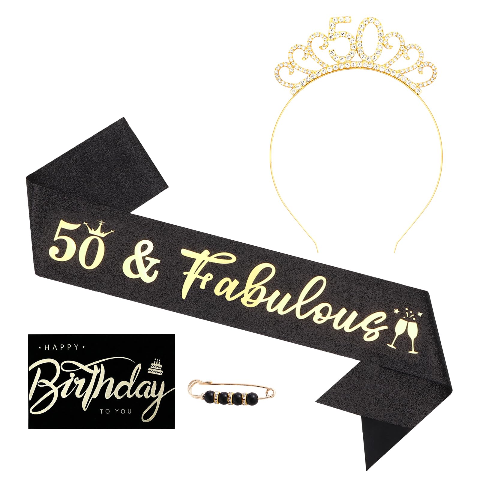 Enyrianx 50th Birthday Sash and Rhinestone Tiara for Women – Black and Gold Happy 50th Birthday Party Decorations for Her, Includes Birthday Card, Envelope, Envelope Seal Stickers, and Pearl Pin