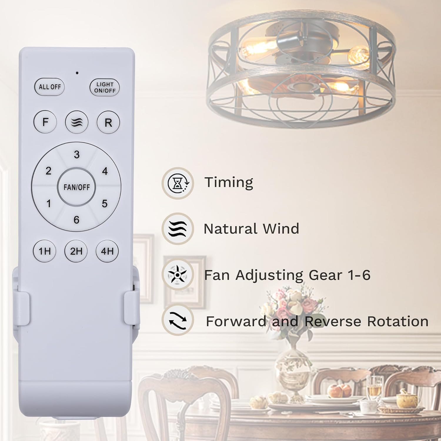 DWVO 20 Inch Caged Ceiling Fan with Lights and Remote, Farmhouse Flush Mount Low Profile Ceiling Light Fixture with Reversible DC Motor, 6 Speeds, for Living Room, Bedroom, Dining Room -Brown