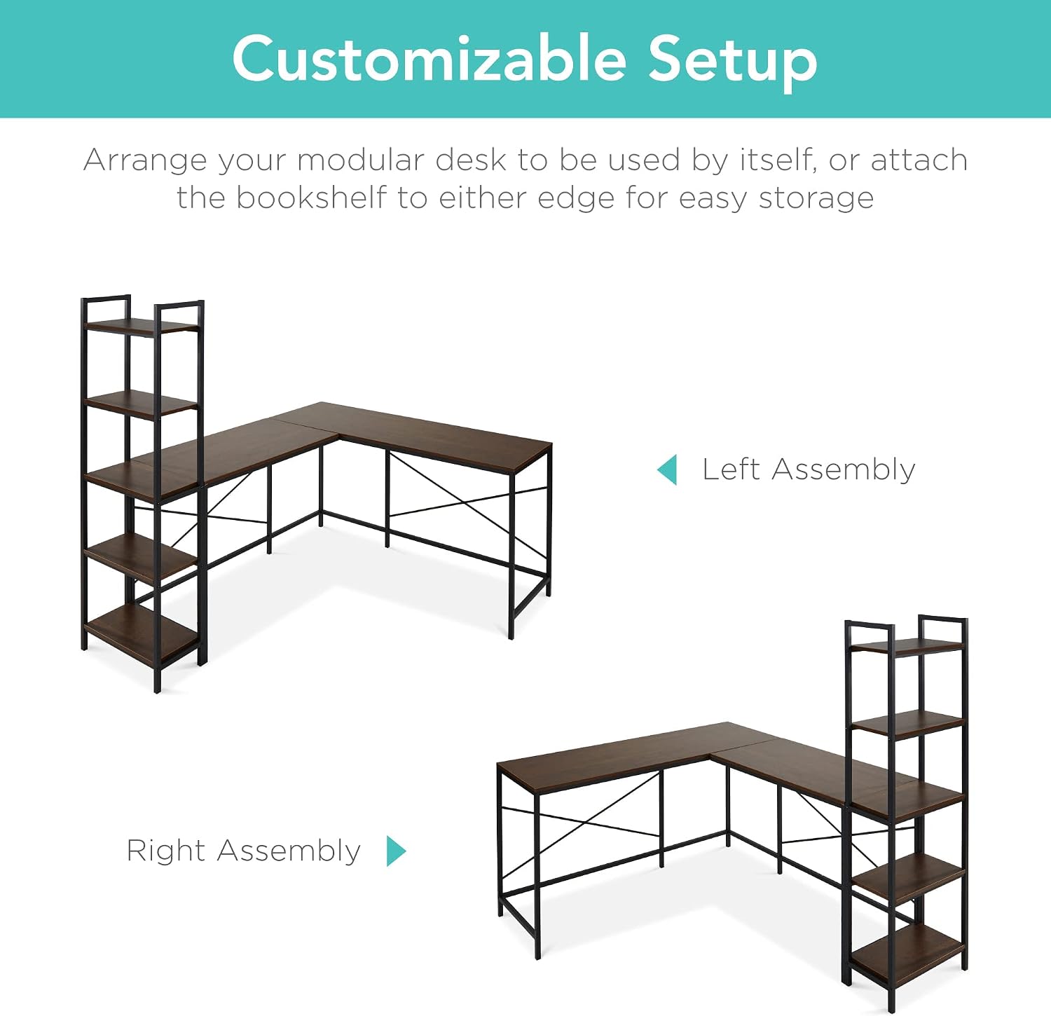 Best Choice Products L-Shaped Corner Computer Desk, Large Study Workstation Furniture w/Multifunctional 5-Tier Open Storage Bookshelves, Custom Setup for Home, Office - Brown/Black