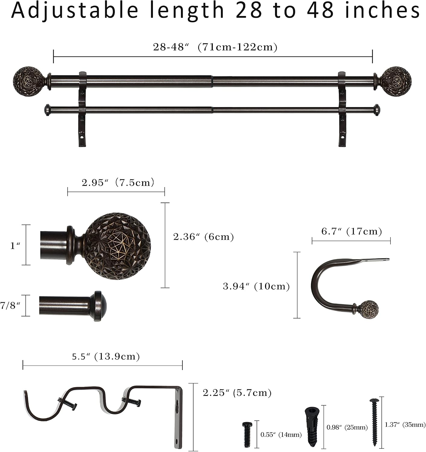 1" Double Curtain Rod with Torre Finials and holdbacks (28‘’-48‘’, Bronze gold)