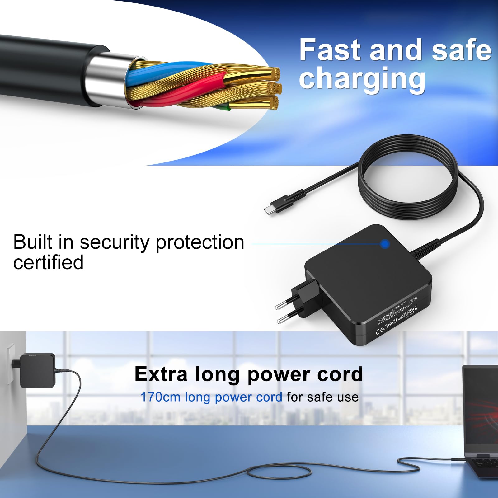 Chargeur USB C 65W pour ASUS Lenovo Thinkpad Yoga Huawei Matebook MacBook Pro Air HP Chromebook Acer Chromebook Google Samsung