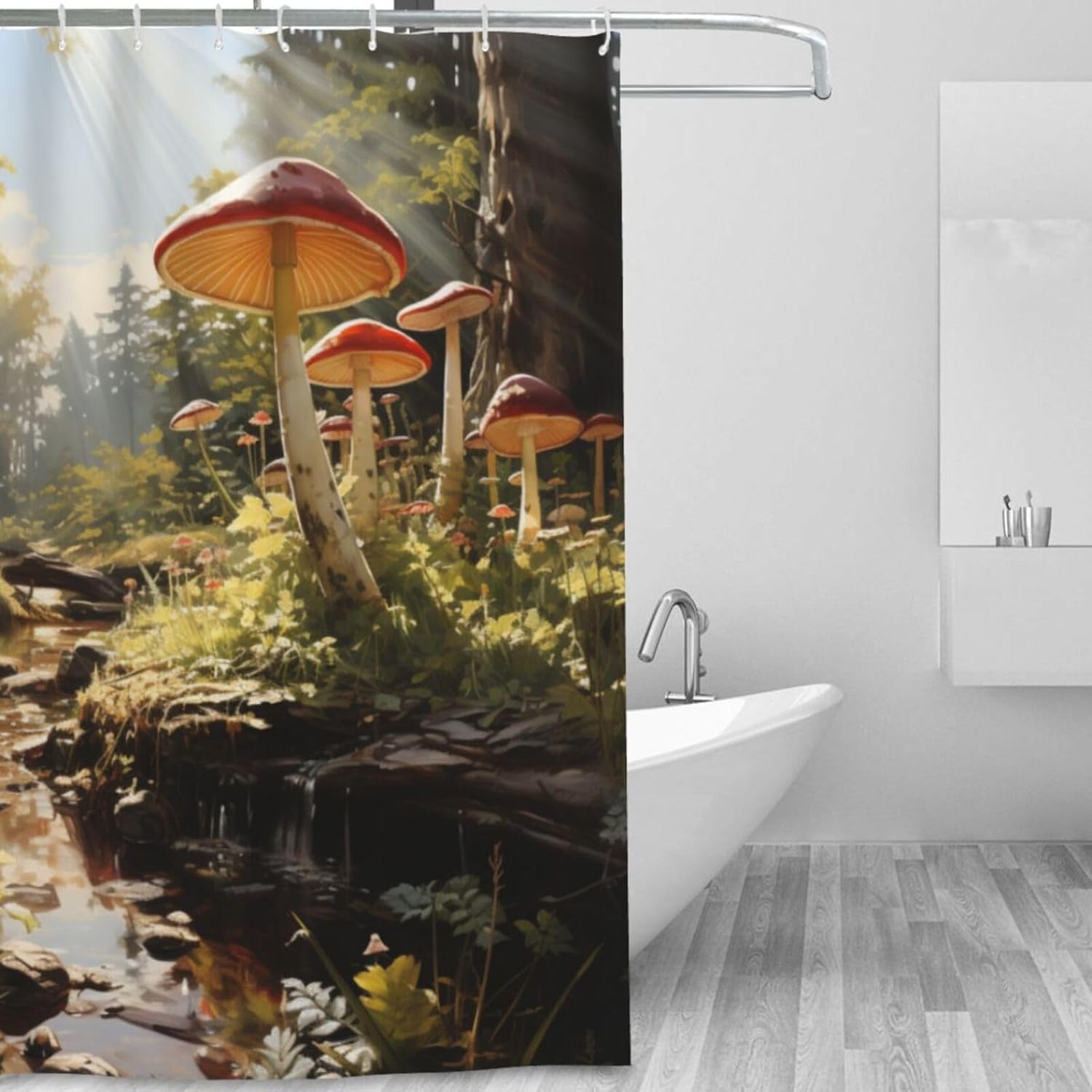 Red Mushrooms Shower Curtain for Bathroom, Abstract Green Leaves Tree Boho Shower Curtain Set, Trippy Forest Fabric Modern Waterproof Bathroom Decor with 12 Hooks 72x72in YLATY3569
