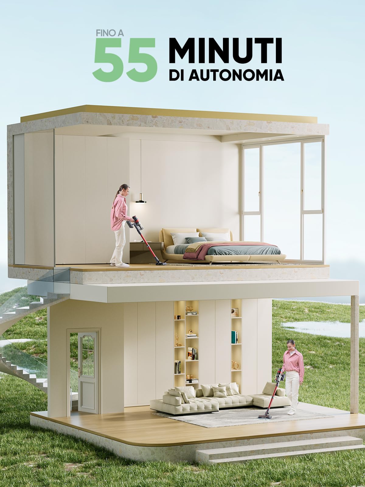 SunSare 450W&40KPA&55mins Aspirapolvere Senza Fili, Scopa Elettrica Senza Fili con Touch Screen Intelligente, Aspirapolvere Senza Fili Potente per Pavimenti/Tappeti/Peli Animali