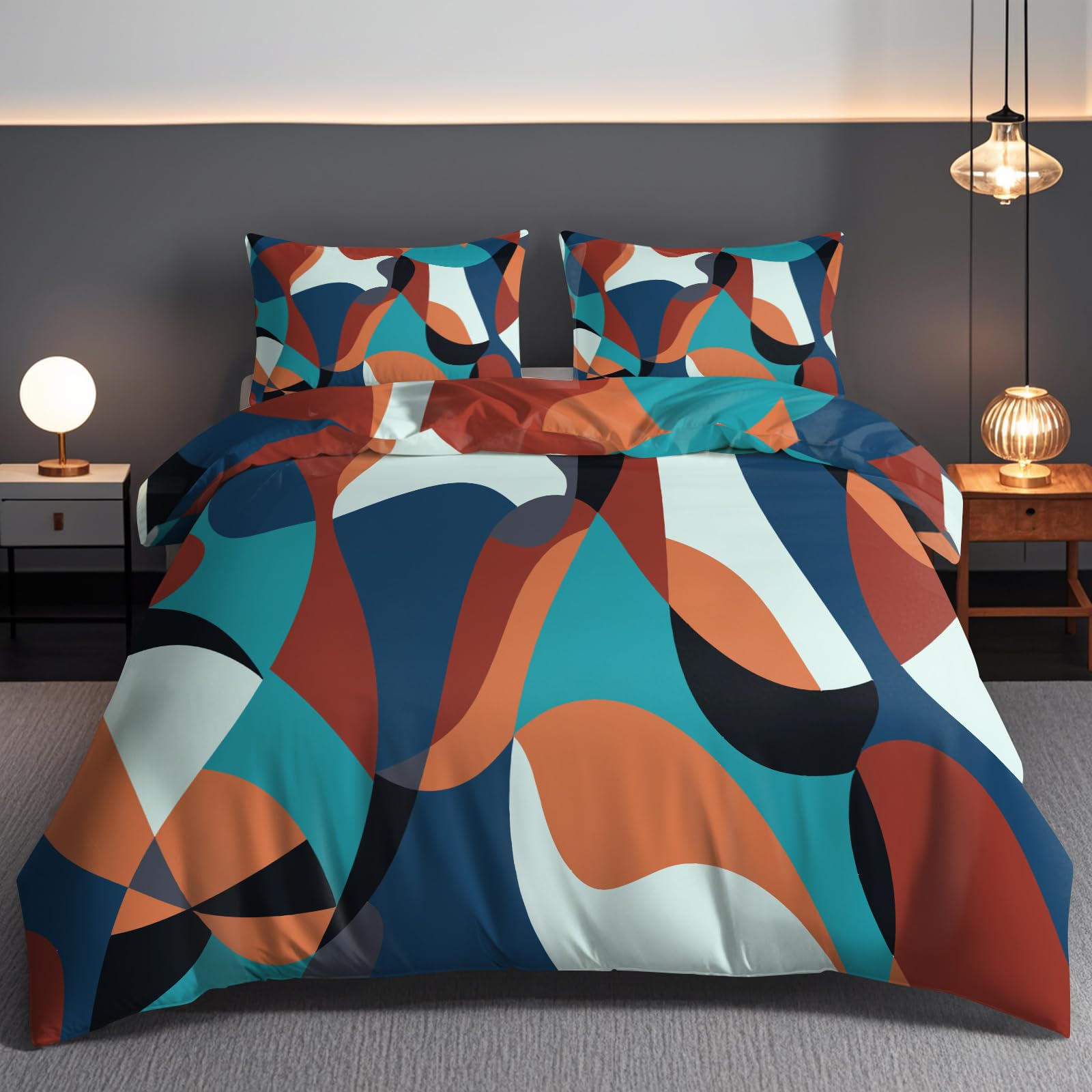 Housse de couette 240x220cm géométrique terre cuite et bleue avec 2 taies