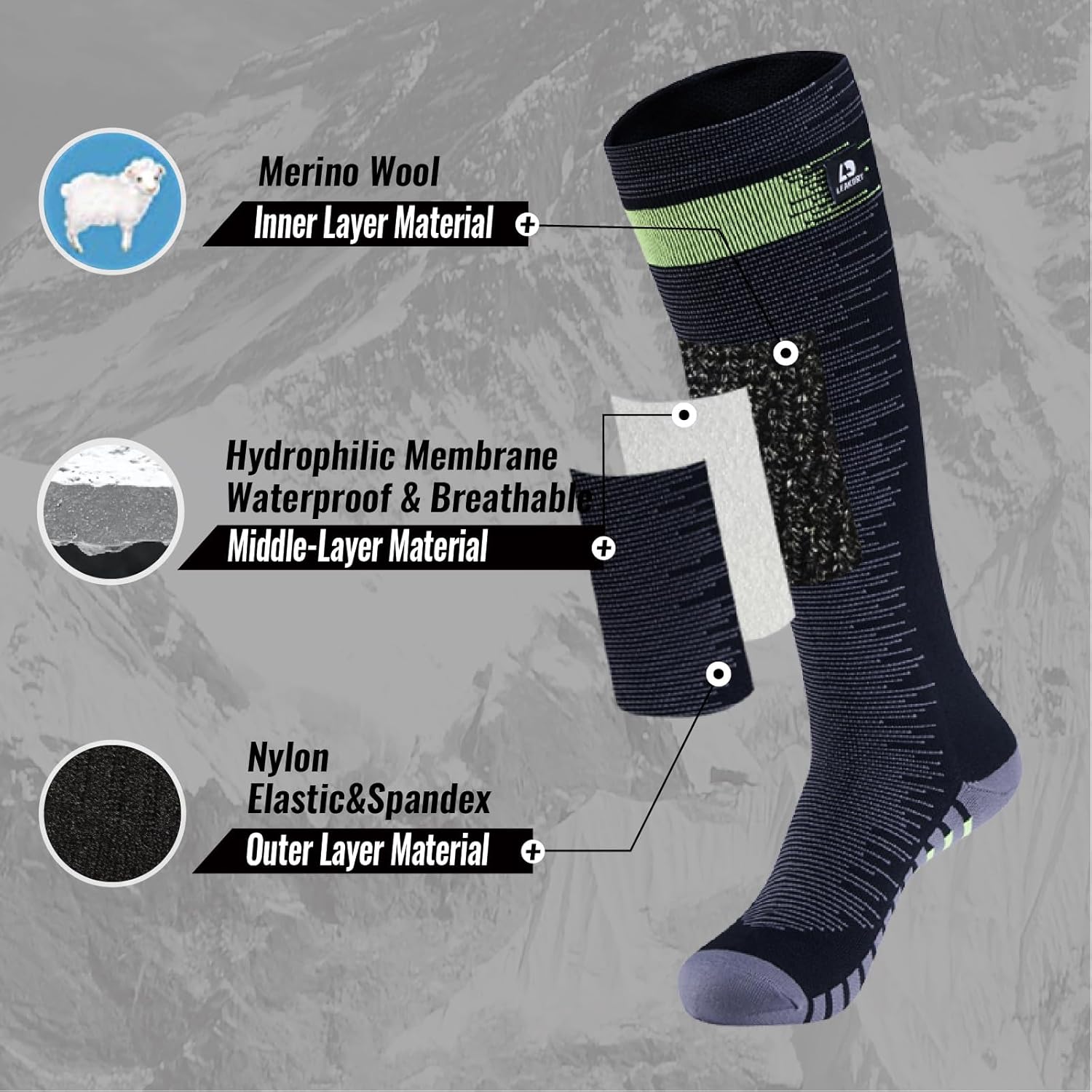 Waterproof Socks,Merino Wool,Knee High,Skiing & Snowboarding,Cold Weather Winter Thermal Warm Socks - Image 2