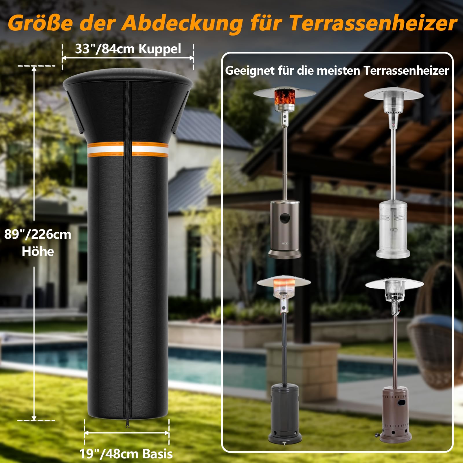 EVRBUL Abdeckung für Terrassenheizer mit Reißverschluss Heizpilz Abdeckung Strapazierfähig 420D Wasserdicht Winddicht Sonnenschutzend Staubdicht Außenabdeckung für Stehender Heizer 226 x 84 x 48 cm
