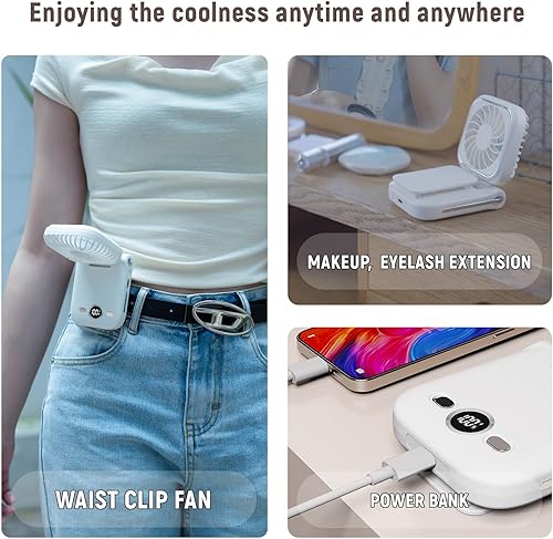 Vista 3 de Mini ventilador de mano portátil recargable con clip de mano personal con pantalla LED, funciona con batería de bolsillo, ventilador pequeño Azul