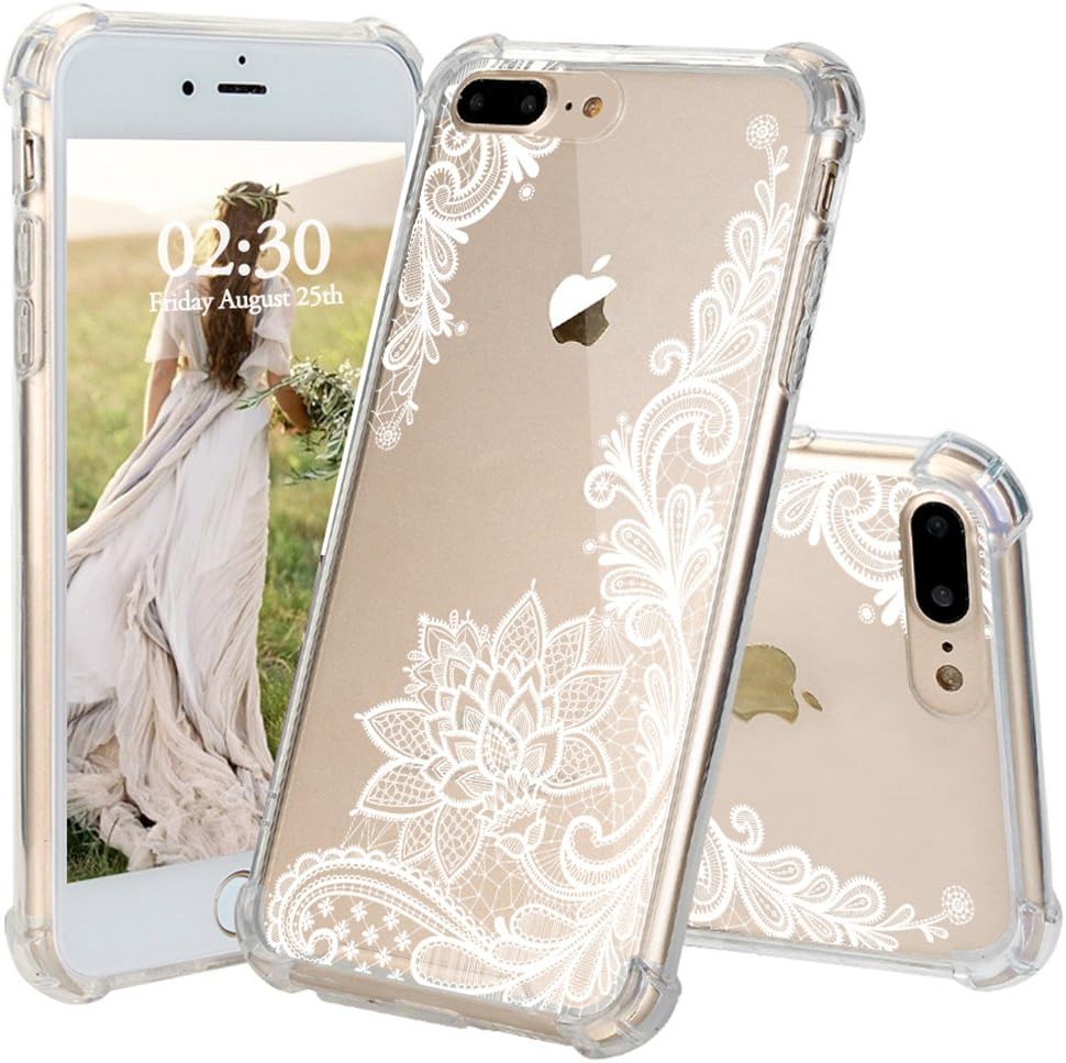 iPhone 8 Plus Case, JEXICASE White Lace Flower Pattern Clear Shock Absorption Technology Bumper Hybrid Protective Cover Case for iPhone 8 Plus 5.5 Inch