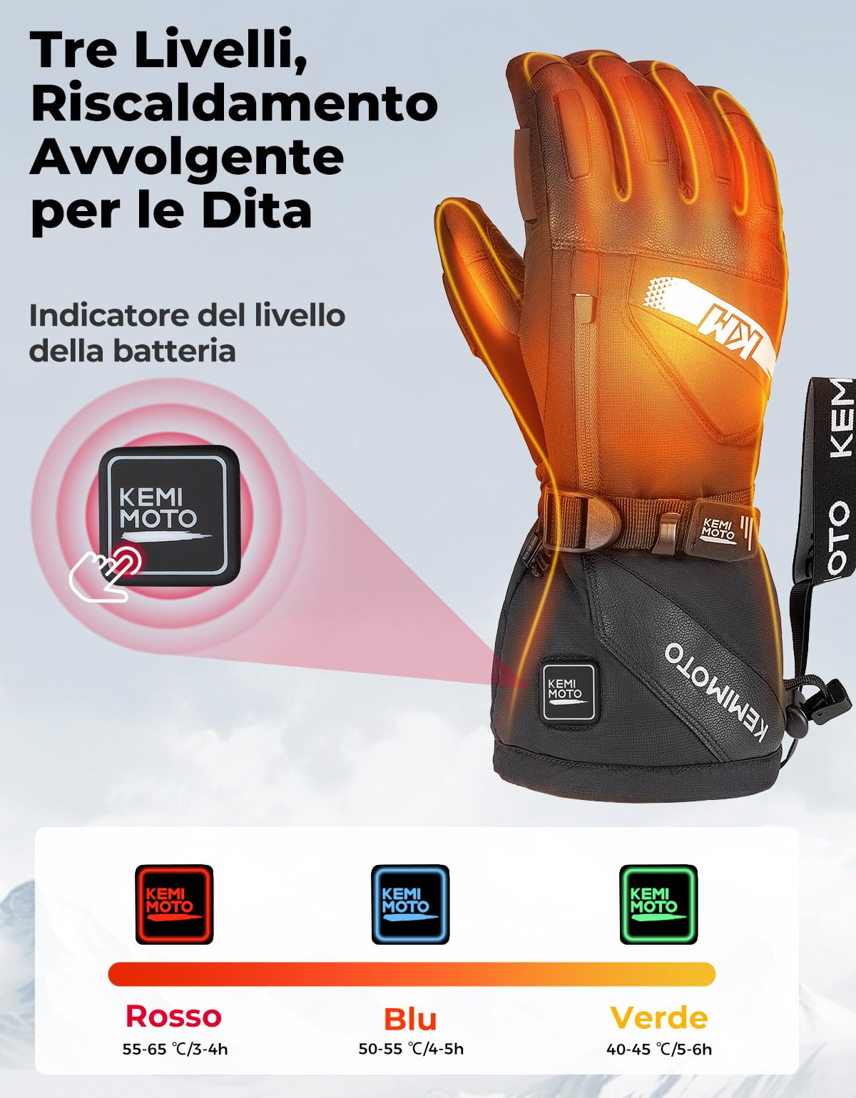 KEMIMOTO Guanti Riscaldati Uomo Donna con Protezione in EVA, Ricaricabili Guanti Invernali Termici da Sci con 7.4v 2500 mAh, Adatti da -20°C a -5°C, Ideali per Motoslitta Escursionismo Ciclismo