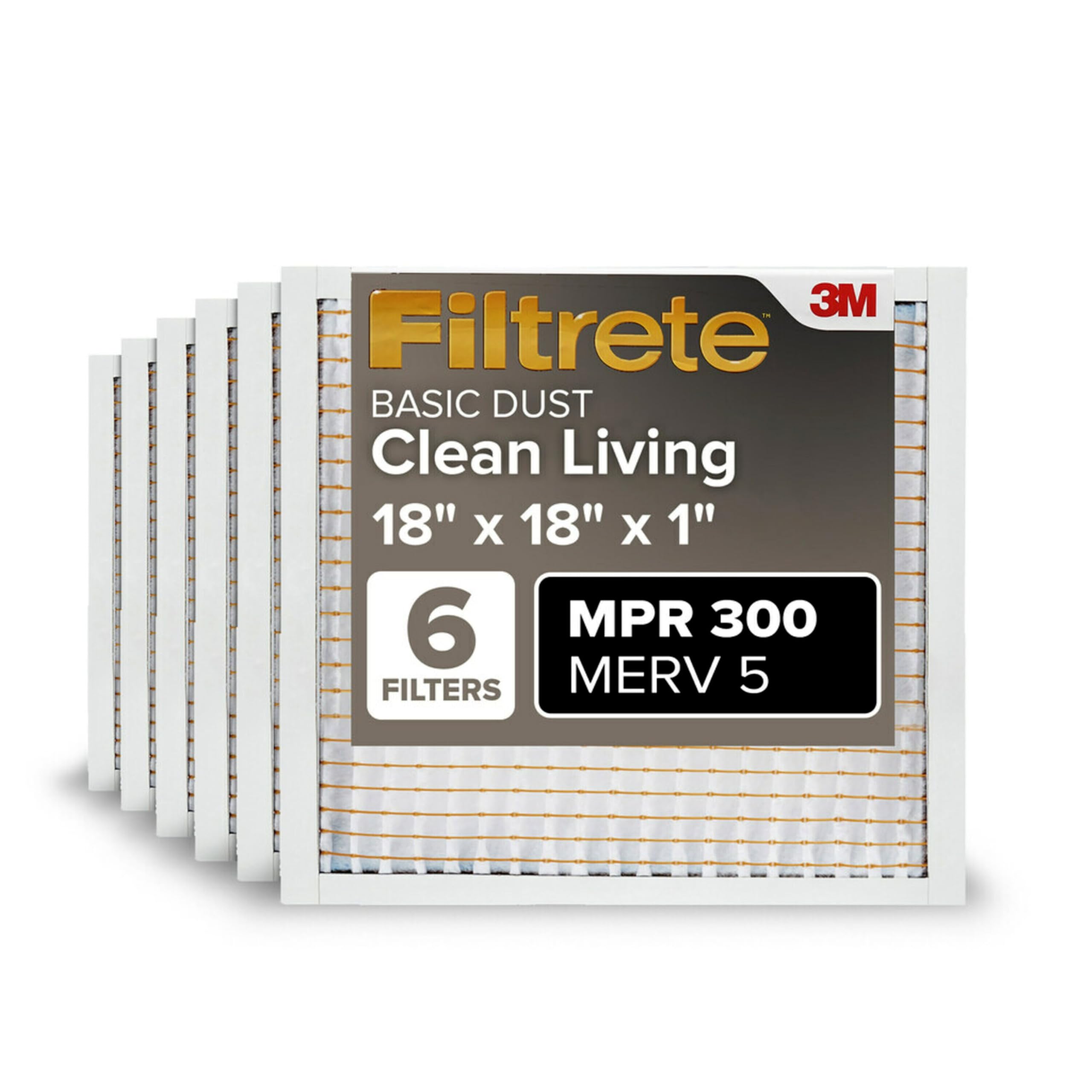 Filtrete 18x18x1 AC Furnace Air Filter, MERV 5, MPR 300, Capture Unwanted Particles, 3-Month Pleated 1-Inch Electrostatic Air Cleaning Filter, 6-Pack (Actual Size17.81x17.81x0.81 in)