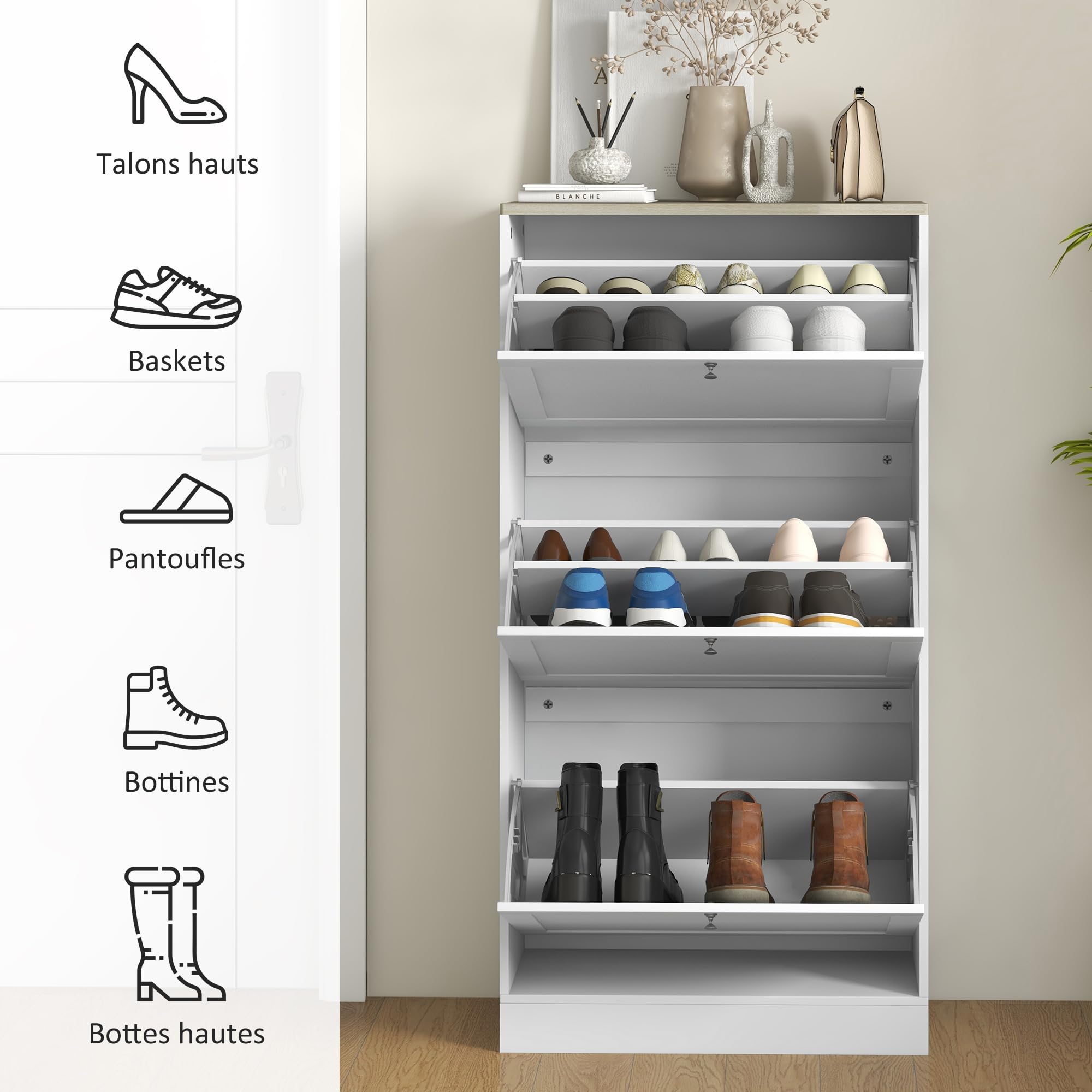 HOMCOM Meuble à Chaussures 3 Tiroirs 18 Paires 60 x 23,5 x 115 cm Blanc | Armoire à Chaussures Étroite, Moderne, Étagères Réglables, pour Couloir et Entrée