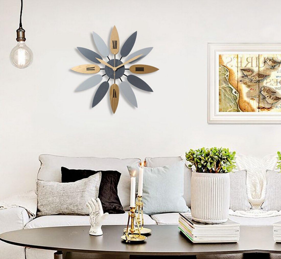 Product Deal Haoun Large Decorative Wall Clock, Leave Shape Clock Silent Wall Clock Non Ticking for Living Room Bedroom Office Decor (Wood + Metal Clock)