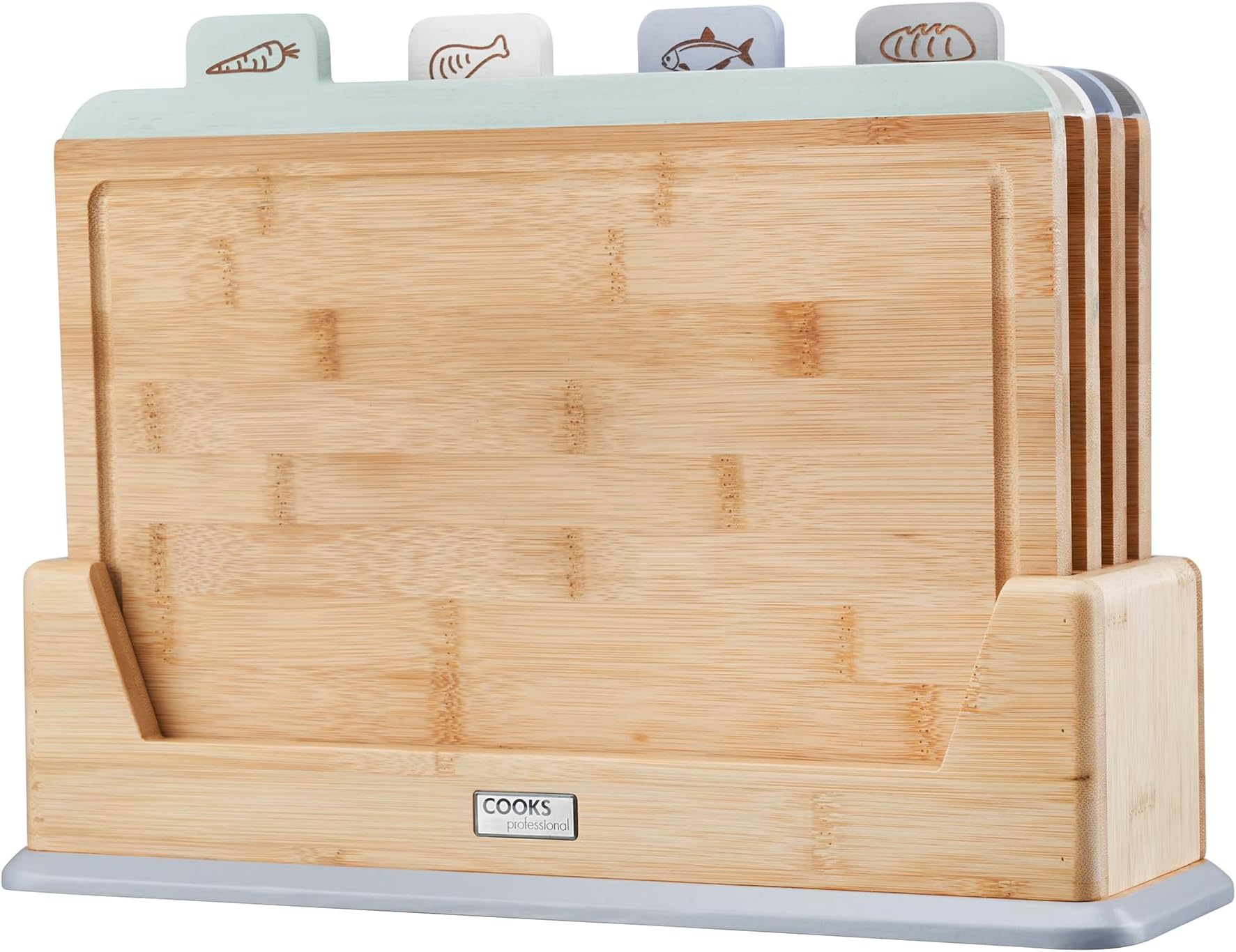 Cooks Professional Set of 4 Index Chopping Boards | Bamboo Chopping Boards with Stand | Wooden Food Preparation Cutting Blocks with Tabs for Fruit & Vegetables, Meat, Fish & Bread | Multi Coloured