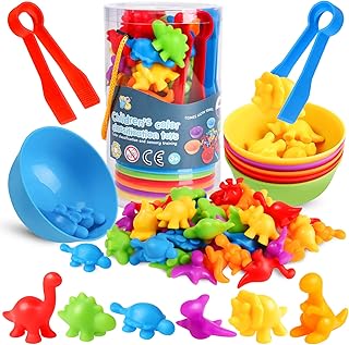 Counting Dinosaur Matching Toys with Sorting Bowls Montessori Preschool Educational Activities Learning Color Sorting Fine Motor Skills Sensory Toys Birthday Gift for 3 4 5 Year Old Boys Girls