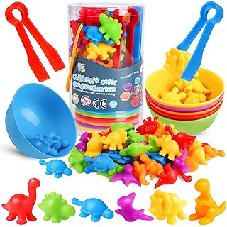 Skrtuan Counting Dinosaur Matching Toys with Sorting Bowls Montessori Preschool Educational Activities Learning Color Sorting Fine Motor Skills Sensory Toys Birthday Gift for 3 4 5 Year Old Boys Girls