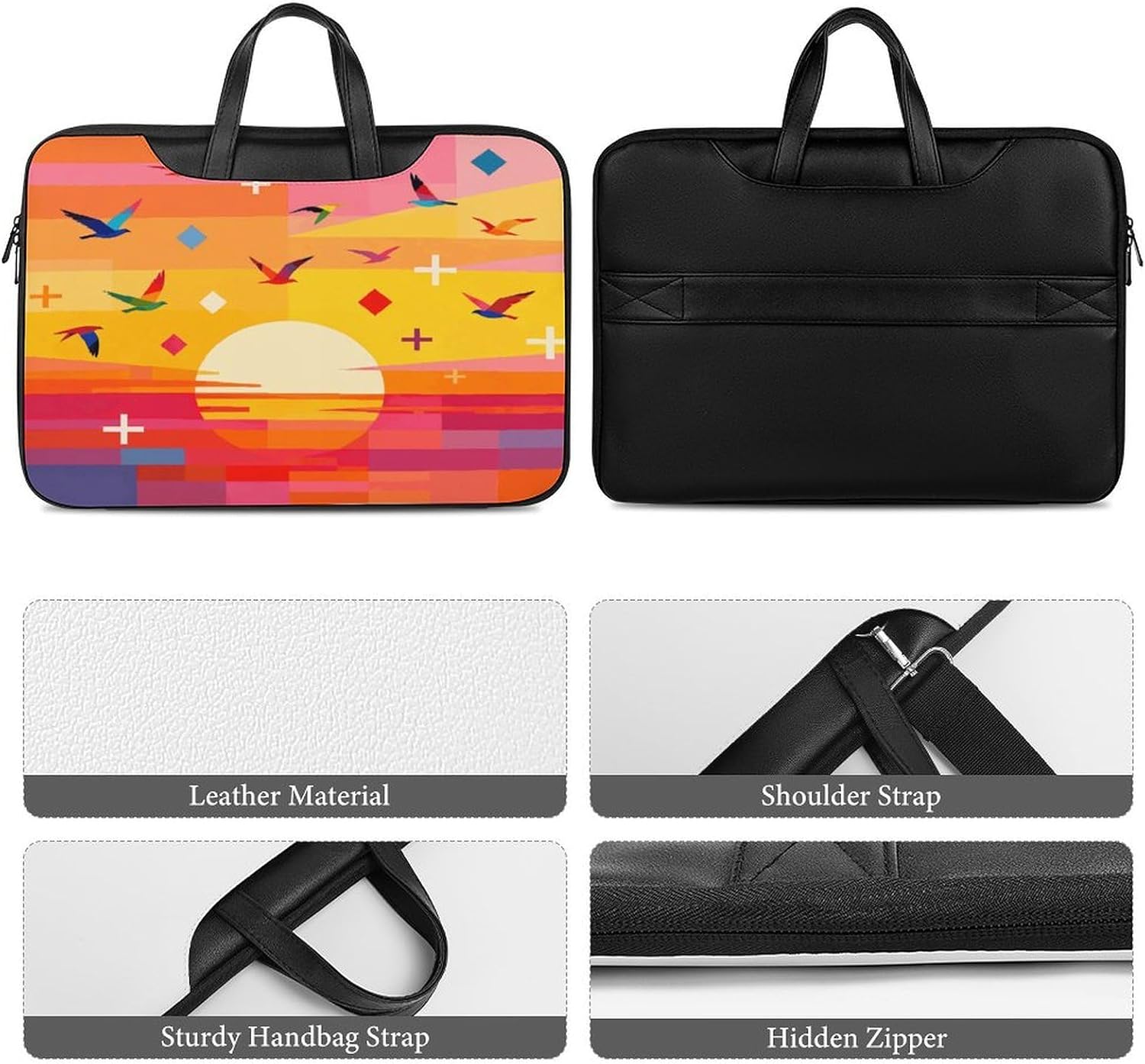 Here Comes The Sun Colorblock Sunset 42x30.5cm Black-style Laptop Bag Leather Tablet Computer Briefcase for Unisex Vintage Laptop Messenger Bags Large Capacity Work Business Tote Bags for Office Trav