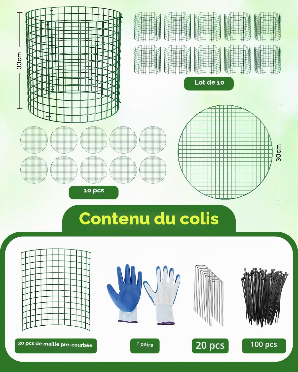 Lot de 10 grilles de protection pour plantes avec couvercle, 33 cm de haut, en métal vert, cage de protection pour plantes avec gants, serre-câbles et piquets de terre, protection
