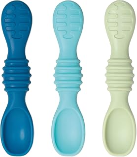 Bumkins Baby Utensil Set, Silicone Trainer Spoons for Dipping, Soft Tip, Self-Feeding, Chew, Baby Led Weaning, First Year Training Supplies, Essentials in Learning Eating, 4 Mos, 3-pk Blue and Green