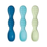 Bumkins Baby Utensil Set, Silicone Trainer Spoons for Dipping, Soft Tip, Self-Feeding, Chew, Baby Led Weaning, First Year Training Supplies, Essentials in Learning Eating, 4 Mos, 3-pk Blue and Green