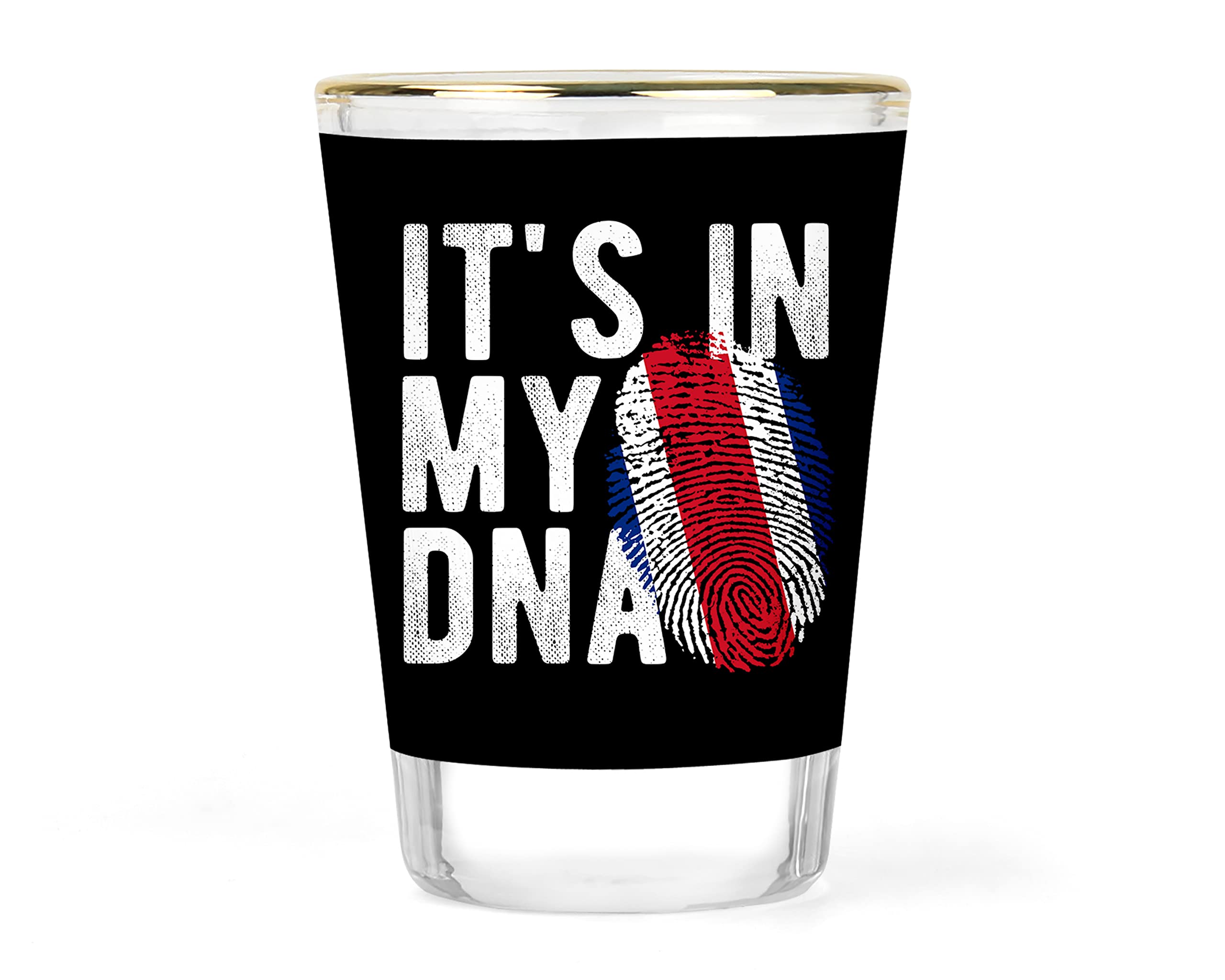 Costa Rica Shot Glass - Costa Rican Flag Glass - DNA Shot Glass - Tico Glass - Tica Gift - Costa Rica Flag Glassware - Costa Rican Barware - Gift for Costa Rican - 1.5 ounce Gold-rimmed Shots