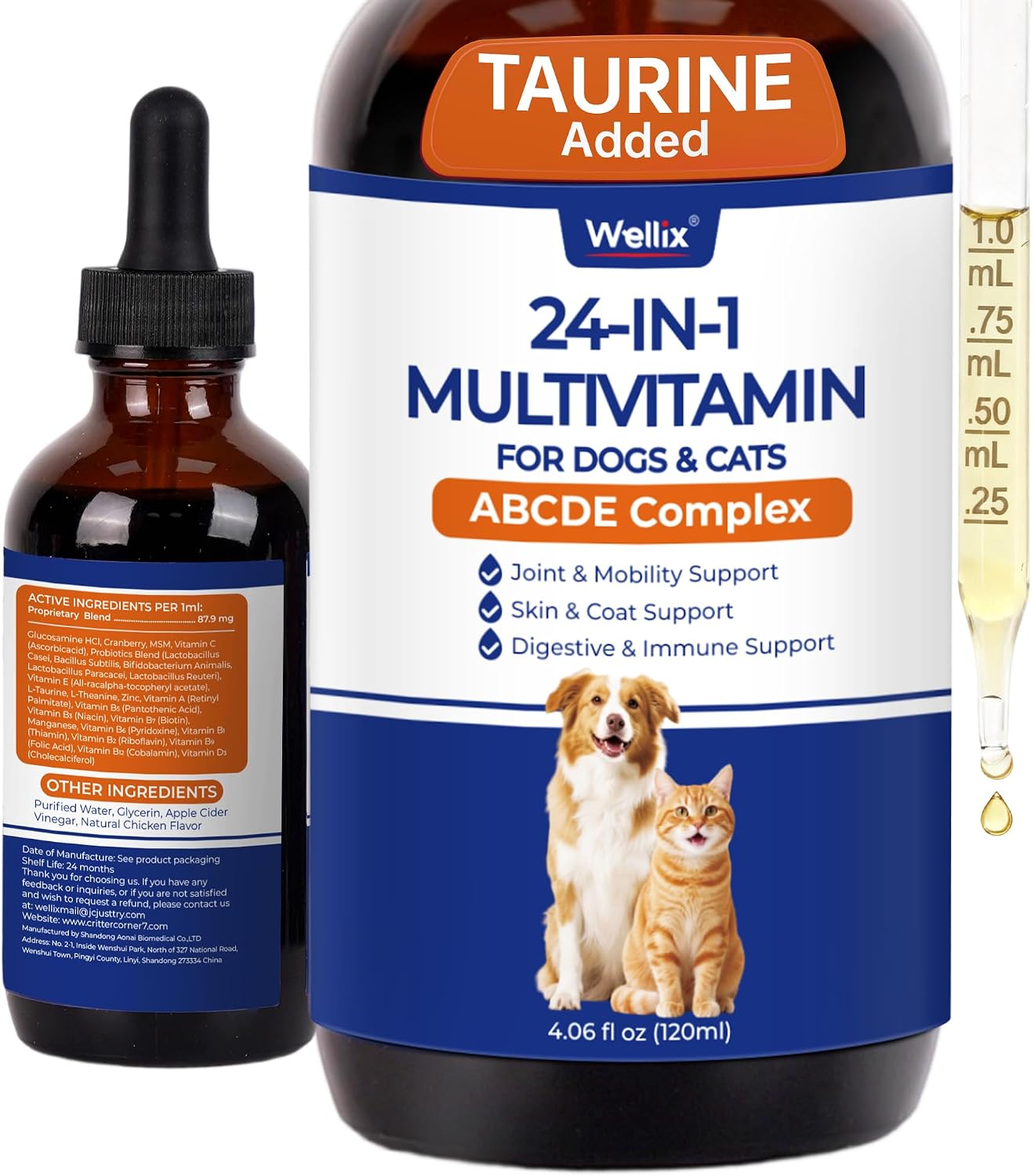 Wellix 4.06 FL oz 24-in-1 Liquid Multivitamin with Taurine for Dogs & Cats, Pet Vitamins and Supplements with Glucosamine, Cranberry, MSM, Probiotics – Itch&Allergy Relief, Joint Supplement for Pets