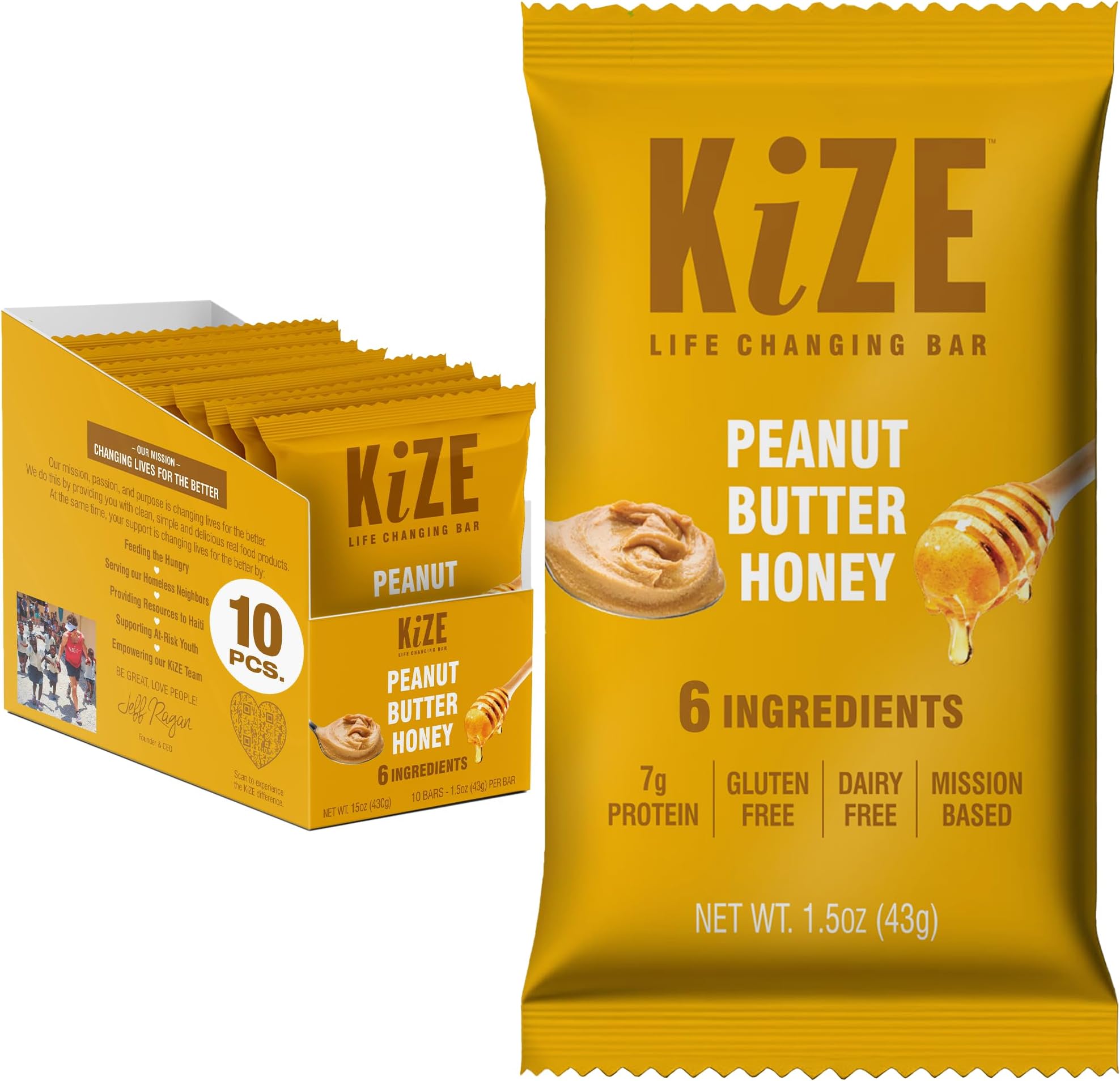 - KiZE Energy Bars - Peanut Butter Honey - Gluten Free, Dairy Free, Non-GMO, and High Protein Meal Replacement Energy Bars, Clean and Simple Food Ingredients - 7g High Protein Snacks, (10 Count)