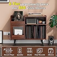 Vista 4 de Large Record Player Stand with Sliding Door,350 Vinyl Record Storage Cabinet, Record Player Table with Power Outlet and LED Light,Turntable Stand