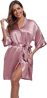 Women's Short Satin Robes Silky Bathrobe Bridesmaid Sleepwear for Wedding Party Getting Ready Solid Color