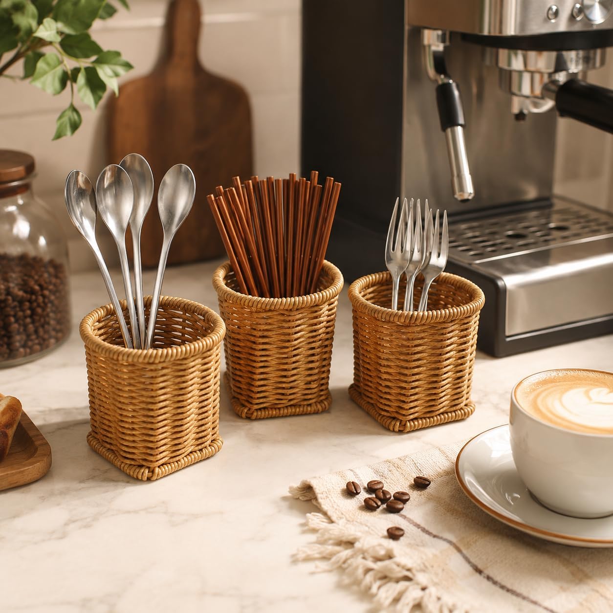 Rattan Coffee Spoon Holder for Coffee Bar, Woven Tea Spoon Holder Cup, Stir Stick Holder, Small Utensil Basket for Coffee Stirrers, Straws, Teaspoons