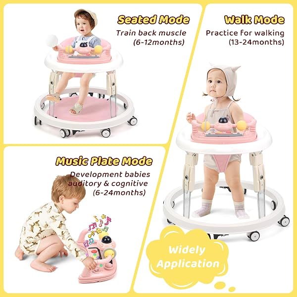 Baby Walker, Foldable Multi-Function Anti-Rollover Walker with Music Tray & Light, 7 Level Height Adjustable, Baby Walkers for 1 Year Olds Suitable for All Terrains (Pink) - 5