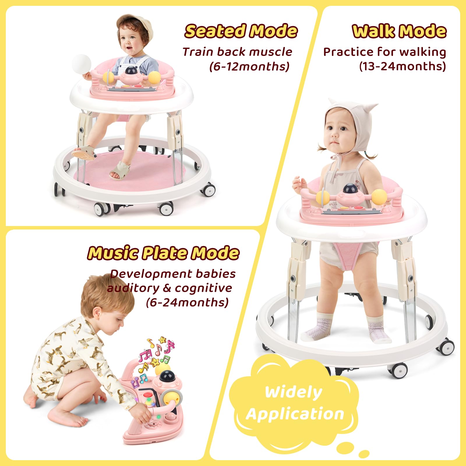 Baby Walker, Foldable Multi-Function Anti-Rollover Walker with Music Tray & Light, 7 Level Height Adjustable, Baby Walkers for 1 Year Olds Suitable for All Terrains (Pink) - 5
