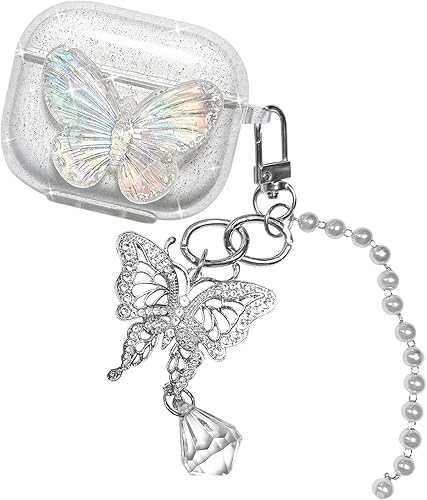 Newseego Compatible con Airpods 3, bonito diseño de mariposa con purpurina transparente 3D funda de TPU suave y suave con bonito llavero de cristal